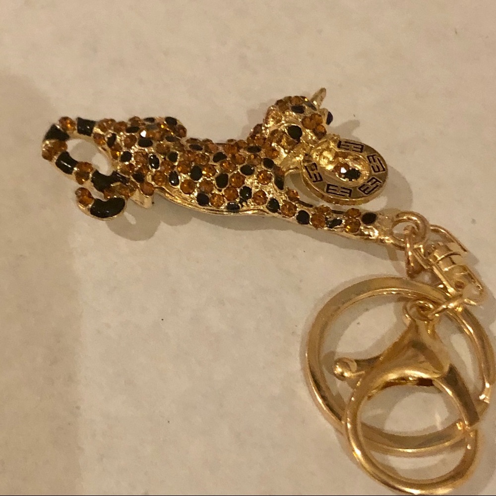Gold Rhinestone Wild Cat Keychain and Purse Charm